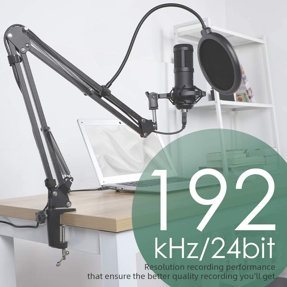 SUDOTACK profesional de 192 KHZ/24 bits Studio cardioide condensador micrófono kit con tarjeta de sonido brazo brazo amortiguador filtro pop