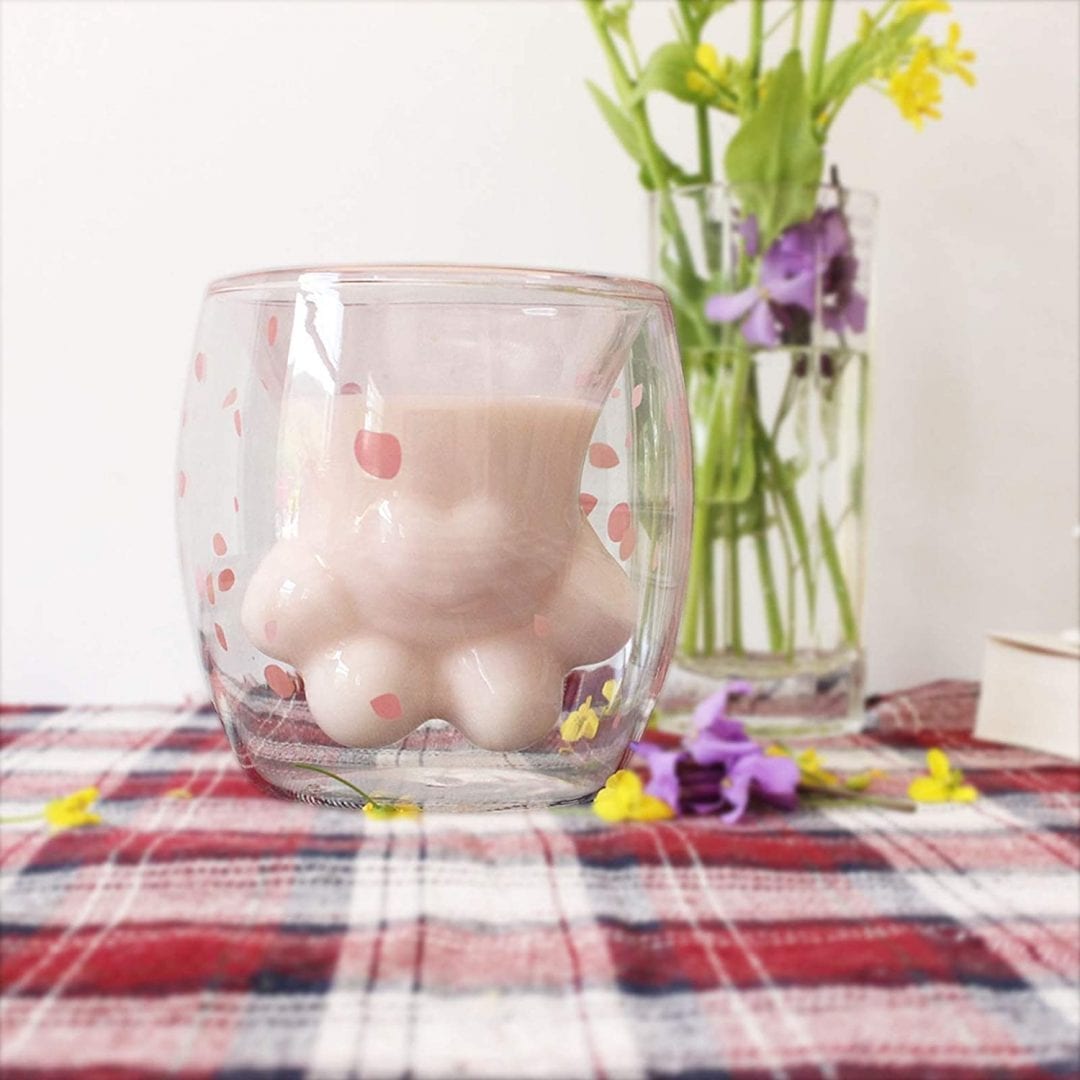 Taza de café con diseño de pata de gato Sakura de doble pared de cristal (Entrega de 3 a 4 semanas una vez realizado el pago)
