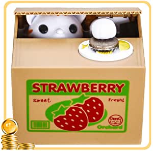 Alcancía Gato Strawberry Mischief Saving Box Iconos Roba Monedas