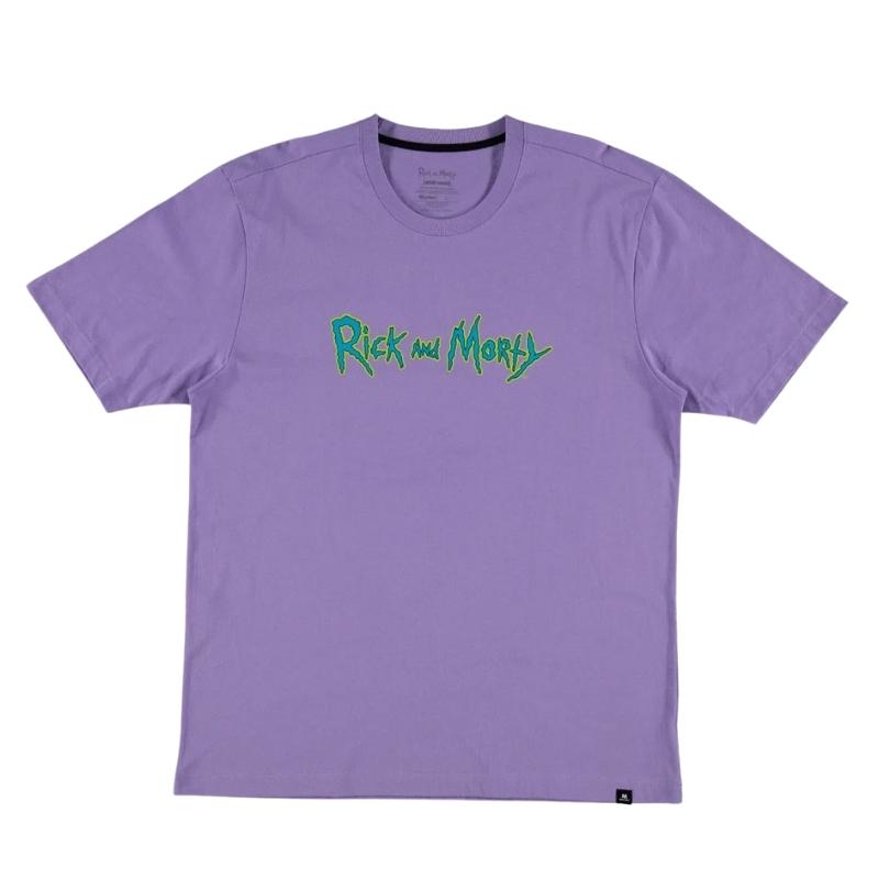 Camiseta Rick and Morty Mic Movies Animados Hombre Manga Corta Morado Logo Verde Talla S