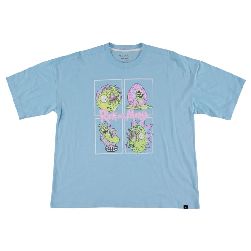 Camiseta Rick and Morty Mic Movies Animados Mujer Manga Corta Azul Personajes Verde y Rosado Talla M