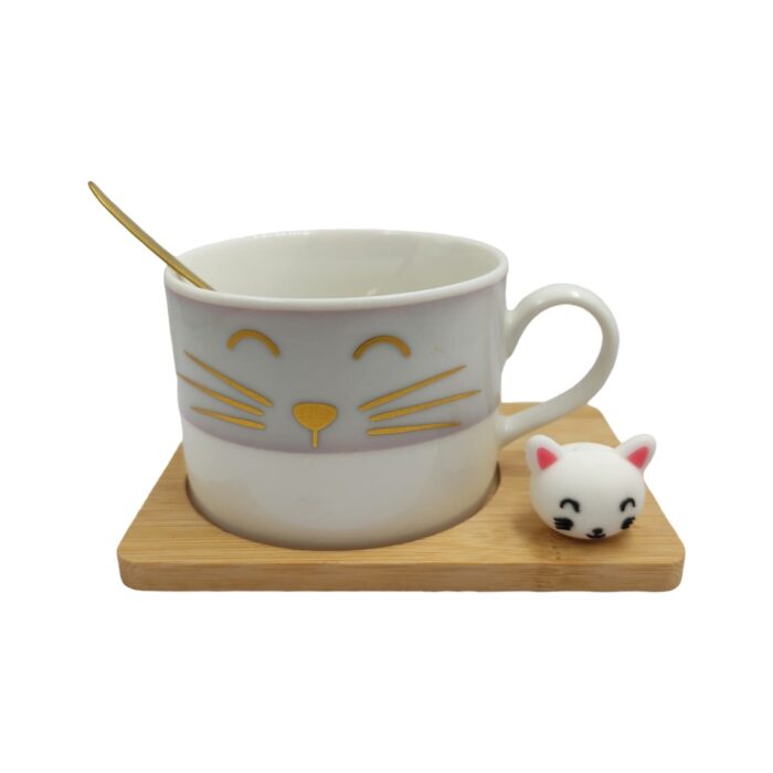 Mug Gato PT Iconos Cerámica, con Base y Cuchara