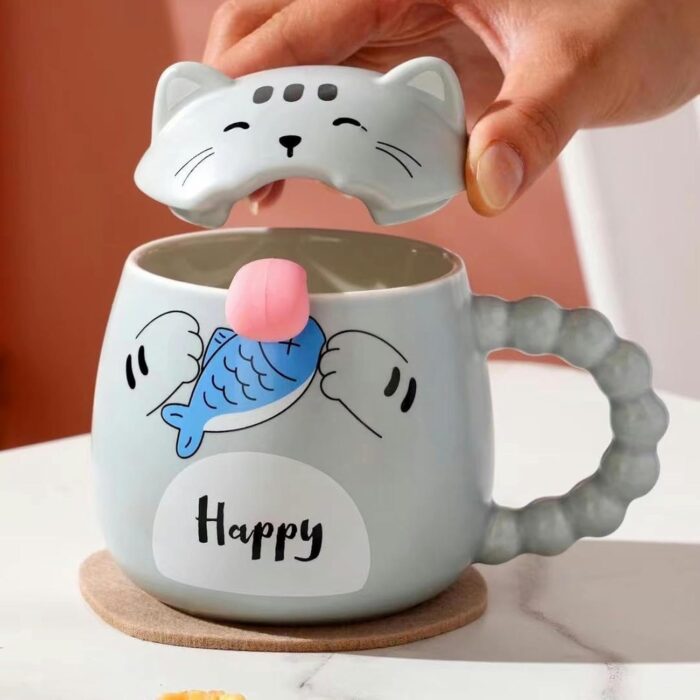 Mug Gato PT Iconos Cerámica, con Cuchara Gris